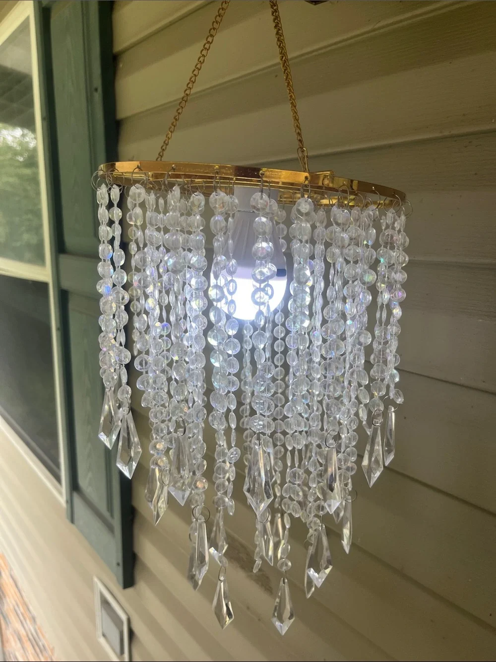 Battery operated Hanging Crystal Bead Chandelier with Gold Frame